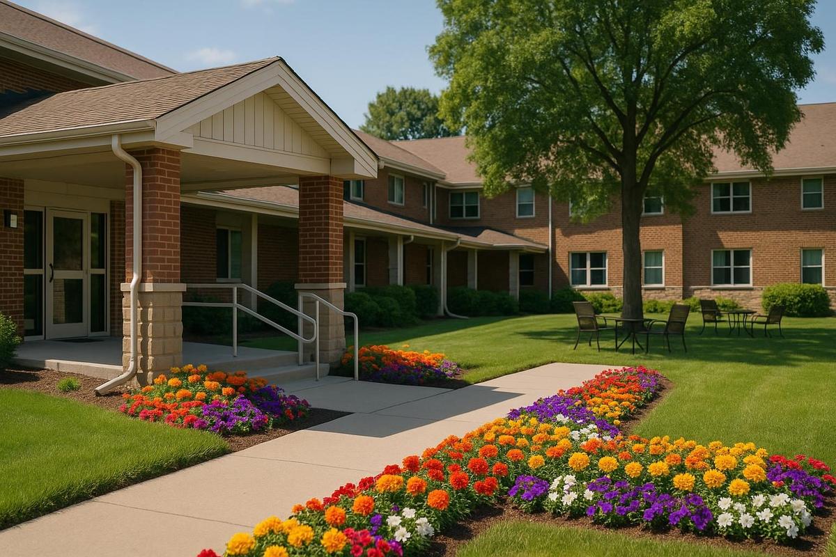 Dearborn senior apartments community with landscaped grounds in Michigan
