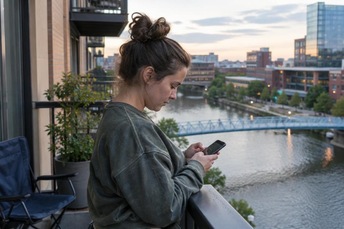 Renter on an apartment balcony in Michigan typing a question on a phone to contact Michigan Apts